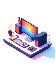 Isometric vector of modern office equipment on white background including laptop, monitor and smartphone