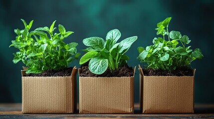cardboard boxes with plants growing inside symbolizing eco friendly and compostable packaging.stock image