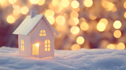 A small white house model with glowing windows sits on a snowy surface with a blurred background of warm bokeh lights, symbolizing winter warmth and home.