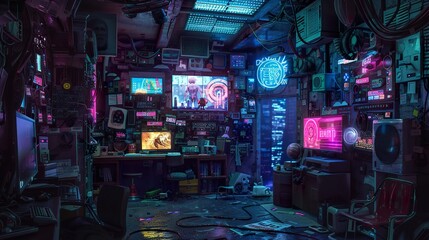 Cyberpunk Room with Neon Lights and Technology