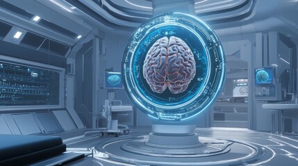 A holographic interface displaying a rotating 3D brain model in a futuristic operating room