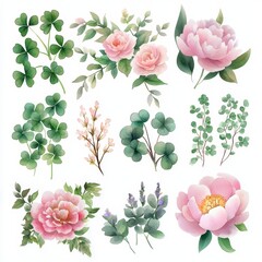 Delightful Watercolor Floral Clipart Set Featuring Vibrant Blooms and Lush Foliage