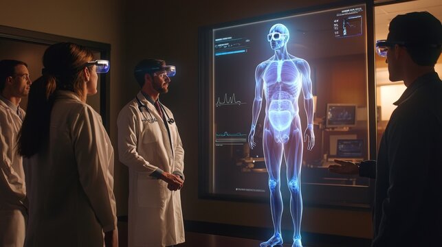 A team of doctors viewing a patient's digital body scan projected in mid-air using AR glasses