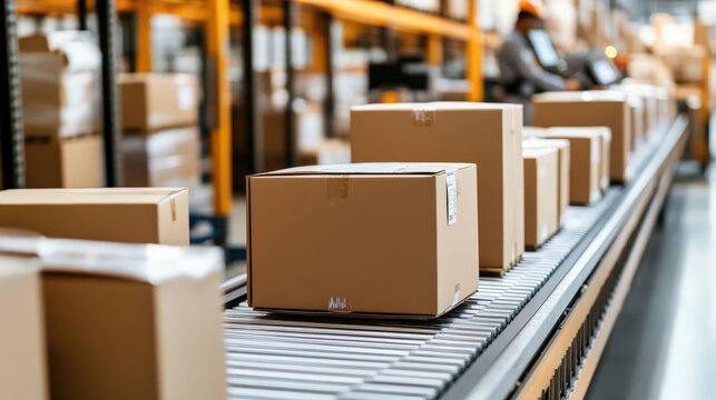 Cardboard Boxes Moving on Conveyor Belt in Warehouse.
