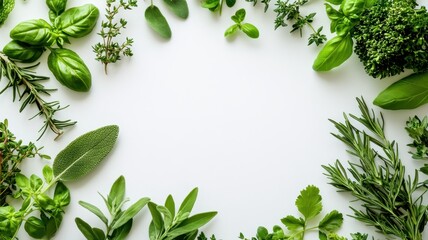 Obraz premium A variety of fresh green herbs arranged in a circular frame on a clean white background, perfect for culinary designs and nature-themed projects.