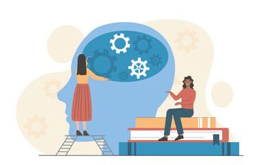 Women with logic. Young girls with stack of books and head silhouette with gears. Logical and emotional intelligence. Harmony and intuition. Flat vector illustration isolated on white background