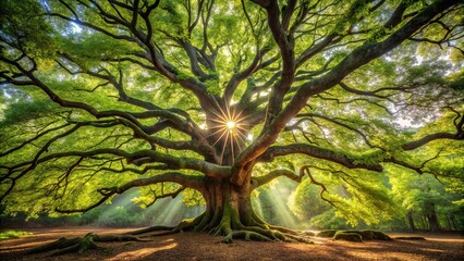 Obraz premium Sunlight filtering through the canopy of a majestic, moss-covered tree, illuminating the forest floor with a warm glow.