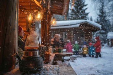 A traditional Russian winter scene, with a family enjoying a hot samovar tea outside their wooden dacha, snow falling gently, and children playing in the background