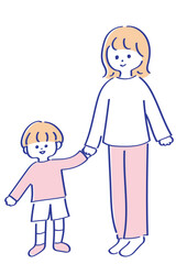 手を繋ぐ母と息子　ゆるかわいい線画イラスト