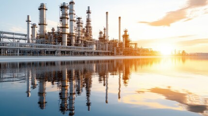 Obraz premium Oil Refinery at Sunset with Reflection.