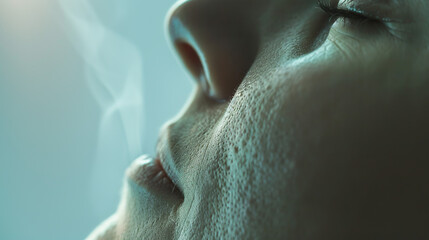 Naklejka premium Close-up of a human nose during inhalation, focusing on the nostril and the breathing action, with a blurred background. This image captures the essence of respiration and the significance of healthy 