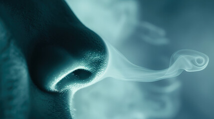 Close-up of a human nose during inhalation, focusing on the nostril and the breathing action, with a blurred background. This image captures the essence of respiration and the significance of healthy 
