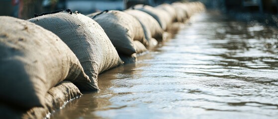 Sandbags stacked along a flooded area, holding back water, showcasing flood prevention efforts and the impact of nature on human environments.