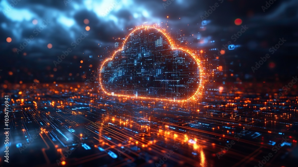 Poster cloud computing and dat integration visualized with digital cloud icons and circuit like connections