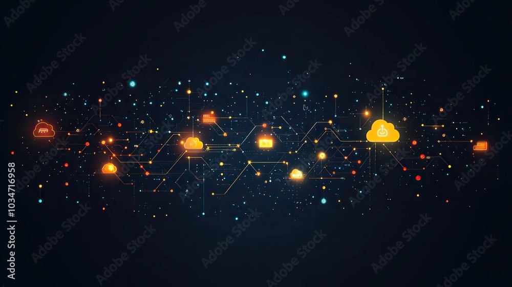 Poster cloud computing and dat integration visualized with digital cloud icons and circuit like connections