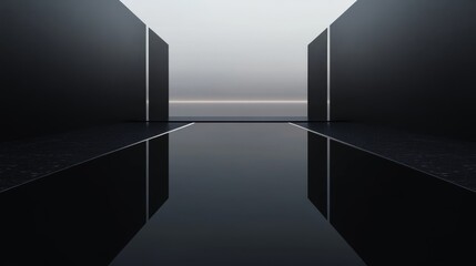A vast, reflective black surface with abstract