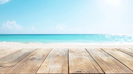 Fototapeta premium Serene Wooden Planks on Tropical Beach with Captivating Ocean View