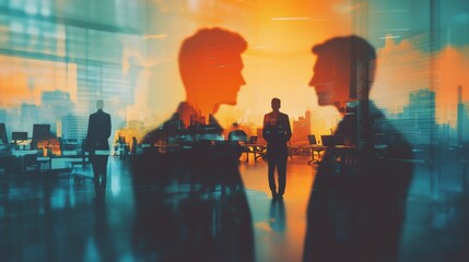Abstract light-based silhouettes of business figures in a collaborative workspace, double exposure with fluid gradient effects