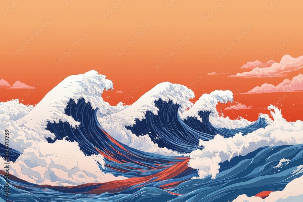 Poster a painting of a large wave in the ocean