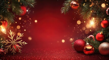 A glowing red Christmas background with sparkling lights, shimmering snowflakes, and festive holiday decorations.