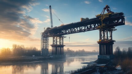 Obraz premium A grand railway bridge under construction, with towering supports and steel beams being lifted into place.