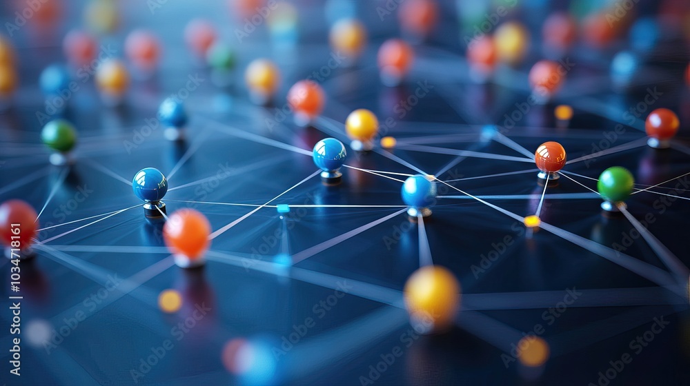 Poster colored pins connected by lines on white background representing network architecture and interconne