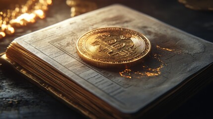 Bitcoin lying on top of an open ledger book, ultra-detailed engravings