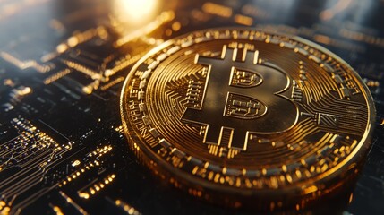 Close-up of a Bitcoin coin with intricate engravings, reflecting subtle light from surrounding business screens