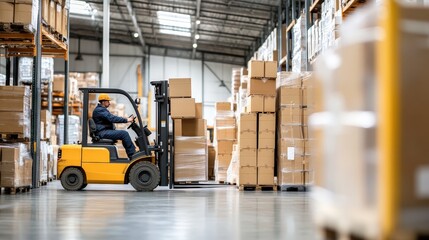 Forklift Operator Moving Cardboard Boxes in a Warehouse.