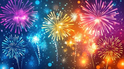 Naklejka premium A vibrant New Year background featuring fireworks lighting up the night sky, with festive colors and excitement filling the air.