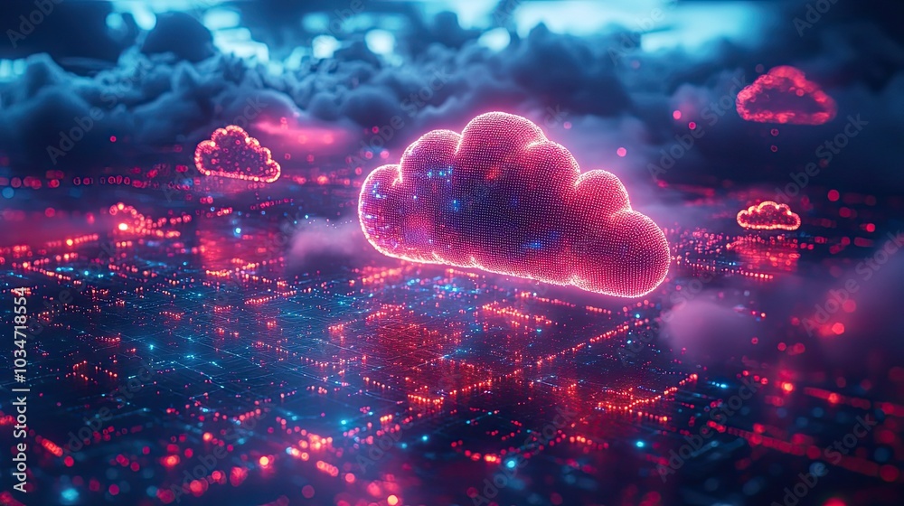 Poster colorful clouds interconnected by lines symbolizing api cloud infrastructure and dat flow.image