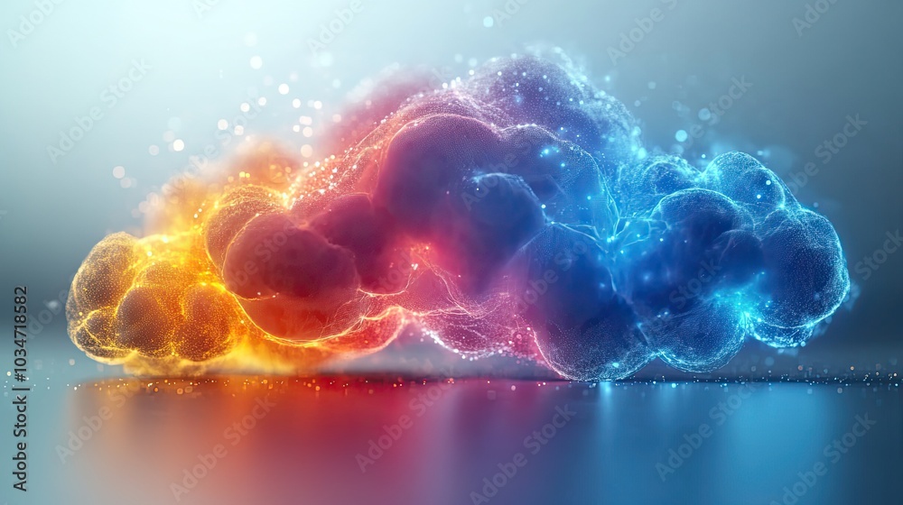 Poster colorful clouds interconnected by lines symbolizing api cloud infrastructure and dat flow