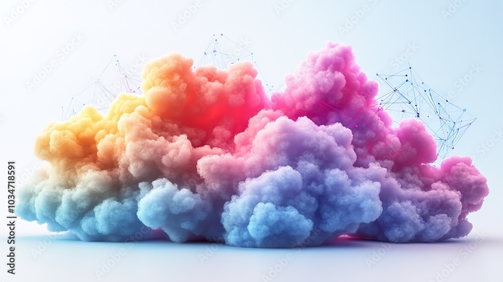 Poster colorful clouds interconnected by lines symbolizing api cloud infrastructure and dat flow.stock imag