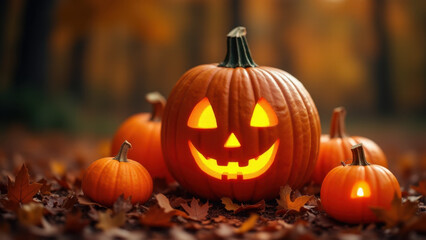 Pumpkin lanterns in the forest