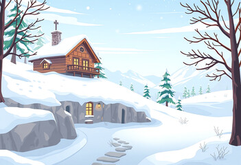 Fototapeta premium cartoon wooden house with snowy landscape illustration