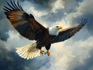 Obraz premium Dramatic Flight: Robust Eagle Against a Dynamic Sky Backdrop in Oil