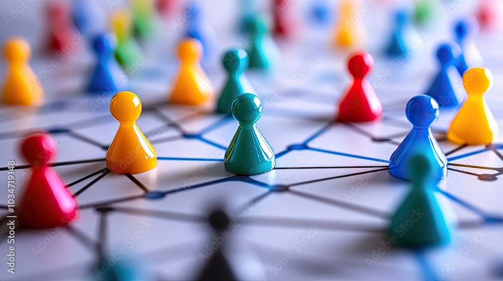 Poster colorful game pieces connected by lines representing network nodes and connections.image