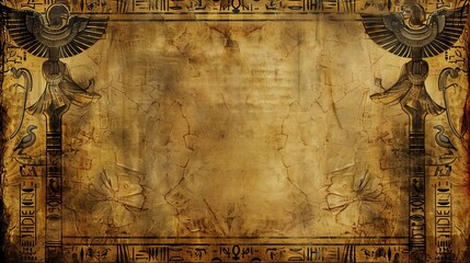 Naklejka premium An aged, textured background with Egyptian hieroglyphs and winged figures.