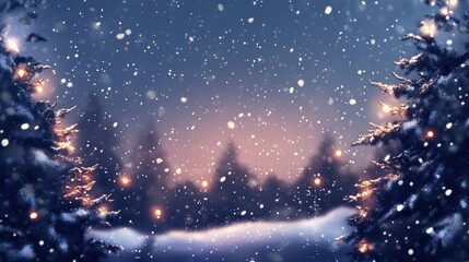 Fototapeta premium Christmas night background with soft snow falling, Christmas lights twinkling, and a peaceful holiday scene unfolding.