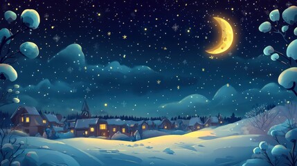 Fototapeta premium Christmas night sky background with twinkling stars, the moon glowing over a snowy landscape, and a festive atmosphere.