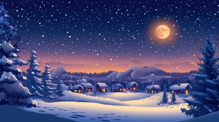 Naklejka premium Christmas night sky background with twinkling stars, the moon glowing over a snowy landscape, and a festive atmosphere.