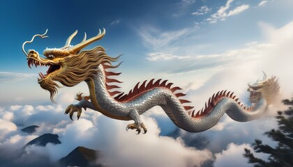 Obraz premium Chinese dragon flying high above and in the clouds; a Chinese mythical creature flying among the clouds; fairytale and mythology; 3D illustration of a Chinese dragon flying in the skies