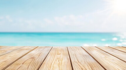 Fototapeta premium Wooden Planks on Tropical Beach with Serene Ocean View