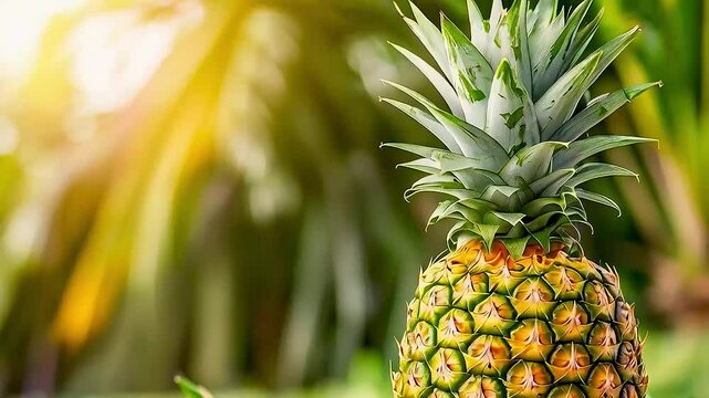 a pineapple  with  a palm tree in the background