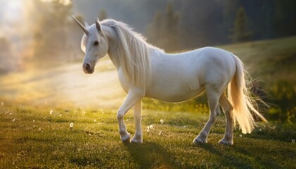 Obraz premium A beautiful white unicorn walking on green grass; selective focus; a mythical creature known as the unicorn prancing in the heavenly grassland; myth and fairytale; animal photography; beautiful horse