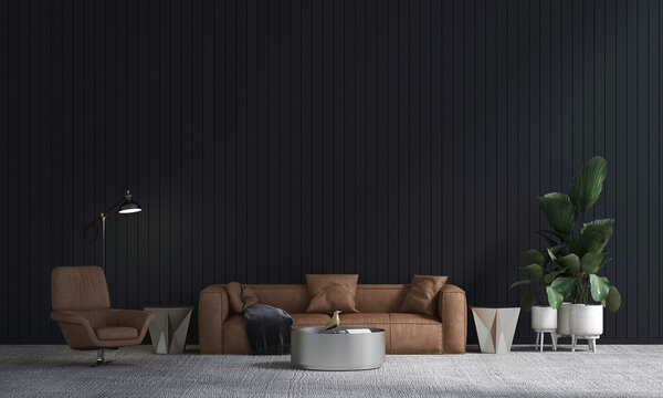 The modern cozy interior design concept of lounge and living room and brown leather sofa set and black wall background