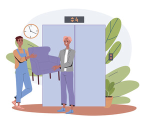 Men carry chair. Young guys with chair in hands. Loaders and builders with furniture for apartment. Repair and renovation. Delivery workers. Flat vector illustration isolated on white background