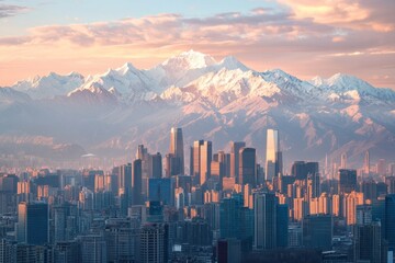 A vibrant city skyline in the foreground, with snow-capped mountains rising in the background