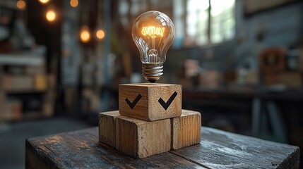 conceptual image of light bulb on wooden blocks and checkmark symbolizing creative and successful idea.illustration
