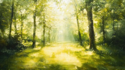 Obraz premium Impressionistic oil painting depicting blurred green trees in a lush forest or park featuring wild grass and sunlight shining through evoking a serene summer or spring atmosphere